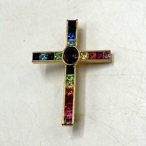 Vintage PSCO 1998 Rainbow Crystal Cross Brooch Gold Tone Religious Pin